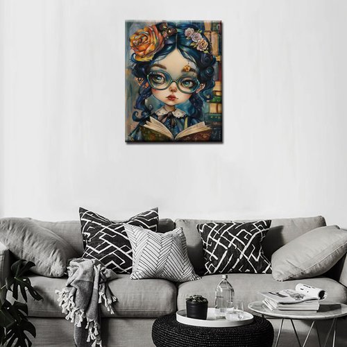 Cute Girl Wearing Glasses DIY Paint by Numbers,Student Reading Book Oil Canvas Painting Kit for Kids & Adults,16X20 inches Graffitic Library Scene Paintwork Acrylic Pigment,Home Decor(Frameless)