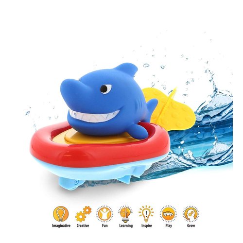 DolliBu Boat Racer Buddy, Fun Educational Bath Toy Finger Puppet Pull and Go Water Racing Pal for Shower Pool Bathtub Swim Hard Surfaces for Baby Toddler and Boy - 6 Inch - 3 in 1 Game (Shark)