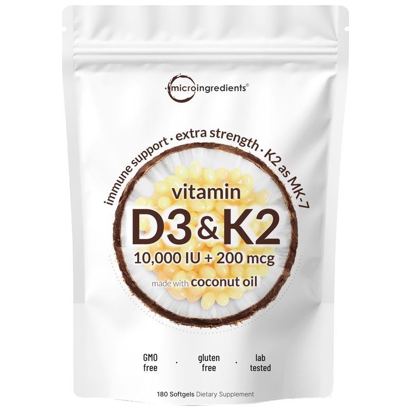 Micro Ingredients Vitamin D3 10,000 IU + K2 MK-7 200 mcg, 180 Softgels | Virgin Coconut Oil | 2-i...