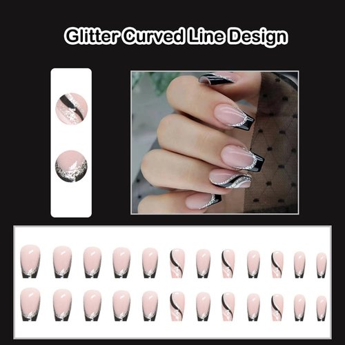 ANDGING French Tip Press on Nails Coffin Short Medium Black Fake Nails with Glitter Curved Line Design Glue on Nails for Women Acrylic Gel Stick on Nails with Glue False Nails for Wedding Birthday K6