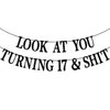 Black Glitter Look at You Turning 17 & Shit Banner, Happy 17th Birthday/Level 17 Unlocked/Cheers to 17 Years, Funny 17th Birthday Party Decorations Supplies