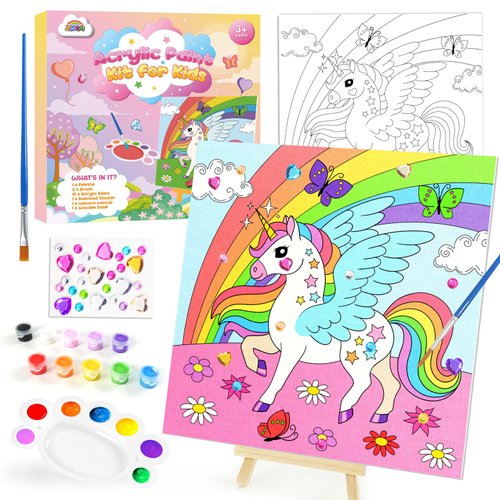 ZMLM Kids Pre Drawn Canvas for Painting, Acrylic Painting Kit for Kids ages 4-8, 10 x 10 Inch Unicorn Pre Drawn Canvas Panel with Diamond Sticker, Arts & Crafts for Kids Birthday Christmas Shcool Gift