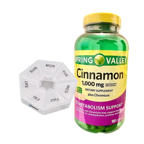 QUANTUM LEAP Weekly Pill Organizer, Includes a Spring Valley Cinnamon 1,000 mg, Dietary Supplement, 180 Capsules.