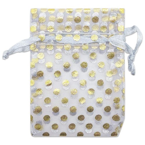 100-Pack 2x2.5 in Sheer Organza Gift Bags with Drawstring (X-Small) - Polka Dot (Silver/Gold) - for Wedding Party Favors, Jewelry, Candy, Treats Mesh Pouch by The Display Guys