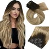 Moresoo Seamless Clip in Hair Extensions Real Human Hair Ombre PU Weft Clip in Extensions Human Hair Balayage Brown to Light Brown with Blonde Seamless Clip ins Human Hair 18inch 7Pieces 120Grams