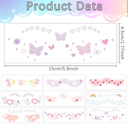 Fssqii 9 Sheets Face Temporary Tattoos Stickers for Girl Women Glitter Cute Freckle Butterfly Heart Cloud Makeup Waterproof Beautiful Tattoo for Body Rave Decorations for Kids Girls Party Favors