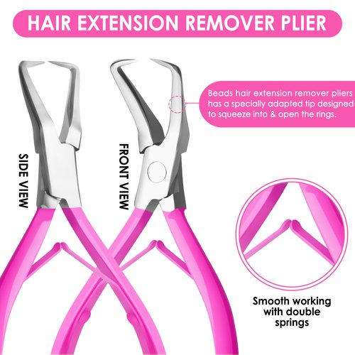 Beauty & Crafts Hair Extension Tools- Stainless Steel Pliers Set for Micro Beads- 1 Crochet Needle 1 Pulling Hook with Tail Comb- Micro Links Tool Kit with Leather Pouch- (Pink)