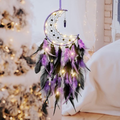 Dremisland Moon Dream Catcher with Fairy Lights-Handmade Colorful Feather Lucky Turquoise Pendant Beads Wall Hanging Ornament for Kids Bedroom Home Decoration,Art Craft Gift. (Purple&Black)