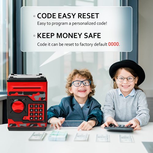 ATM Piggy Bank for Boys Girls, Vcertcpl Mini ATM Coin Bank Money Saving Box with Password, Kids Safe Money Jar for Adults with Auto Grab Bill Slot, Great Gift Toy Bank for Kids(Camouflage Red)