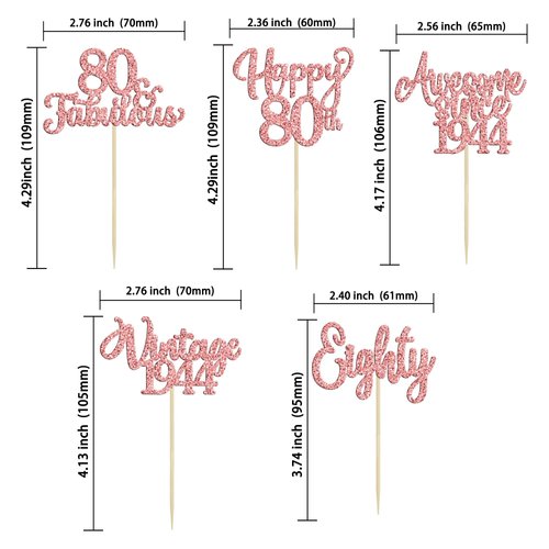 30Pcs Vintage 1944 Cupcake Toppers Glitter Eighty 80 Fabulous Happy 80th Birthday Cupcake Picks Cheers to 80 Years for 80th Birthday Anniversary Party Cake Decorations Supplies Rose Gold