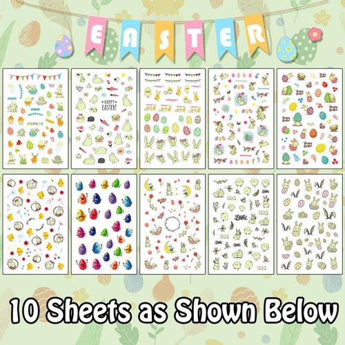 Partywind 10 Sheets Luminous Easter Nail Stickers for Kids Girls, Glow Self-Adhesive Easter Nail Decorations Wraps Decals with Eggs, DIY Easter Nail Art Designs Accessories