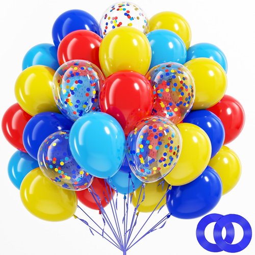 BAUANOOY Carnival Balloons, 60pcs 12 Inch Red Light Blue Royal Blue Yellow Latex Balloons for Carnival Theme Birthday Party Decorations