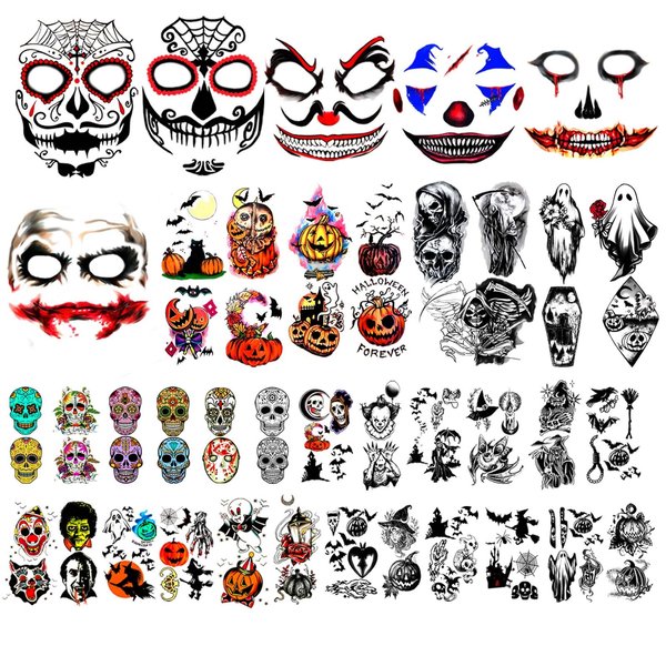 Yazhiji 42 Sheets Halloween Temporary Tattoo Family Set Day of Dead Pumpkin Ghost for Women Black Fake Death Skull Skeleton Tatoos for Men Boy and Girl, Halloween Zombie Makeup Tattoo Kit