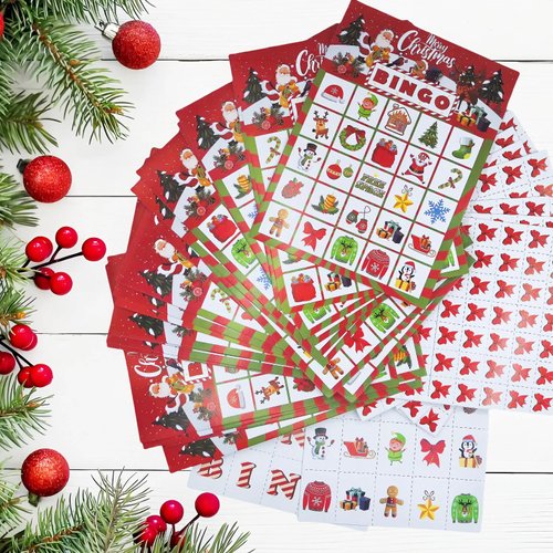 DimiGlobal 24 Christmas Bingo Game Cards for Kids Christmas Party Paper Bingo Cards Bulk,School Classroom Games,Christmas Party Bingo Supplies,Family Bingo Games Cards,Xmas Party Favors