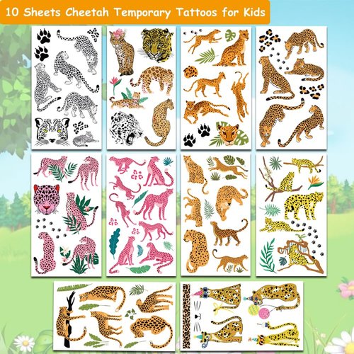 Hohamn Cheetah Tattoos for Kids, 10 Sheets Cheetah Jungle Animal Theme Temporary Tattoos for Boys Cheetah Birthday Party Supplies Gifts Decoration