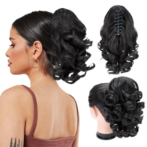 Foaoit Black Hair Extensions Ponytail for Women 10 Inch Short Ponytail Claw Clip Loose Wavy Ponytail Hair Piece Synthetic Faux Ponytail for Girls Daily Use (Natural Black)