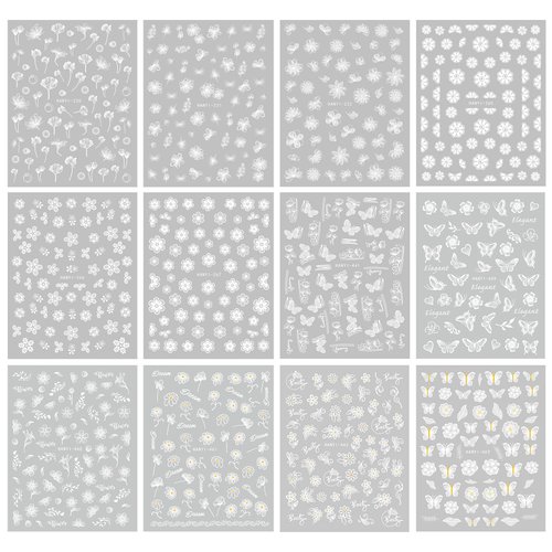 JMEOWIO 12 Sheets Spring White Flower Nail Art Stickers Decals Self-Adhesive Pegatinas Uñas Summer Butterfly Leaf Floral Nail Supplies Nail Art Design Decoration Accessories