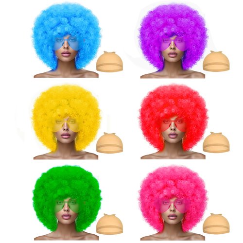 Short Bob Colored Wigs with Bangs,6 Pcs Fruit Beach Series Set Cosplay Wig with Rimless Heart Shape Sunglasses, Hairpieces for Neon Halloween Costume Wig Bachelorette Party Decorations (6 Pack Afro)
