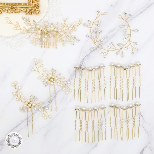 Braveamor Bridal Hair Accessories Wedding Pearls Hair Pins Crystal Rhinestone Headpieces Hair Piece Hair Side Comb for Bride Bridesmaid (24 Pack)(Gold)