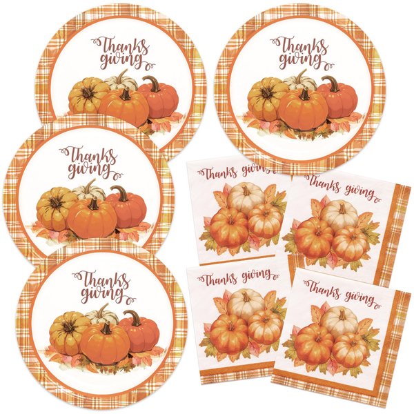 YY Thanskgiving Party Paper Plates Napkins Set 60PCS 9in Dinner Plates with 13in Disposable Paper Napkins Pumpkin for Thanksgiving Day, Autumn Harvest Table Decorations