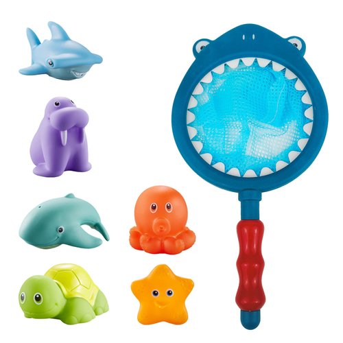 Ocean Animals Bath Toys for Baby Toddlers 1-3, Floating Animals Squirter Toys with Fishing Net, Baby Shark Toys for Bathtub Pool Beach Shower Tub