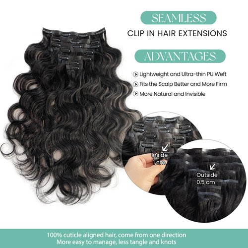 Seamless Clip in Hair Extensions Human Hair, Body Wave Natural Black Hair Extensions Real Human Hair Clip in Extensions, 7pcs 100G 16 Inch Ubetta Remy Human Hair Extensions for Women