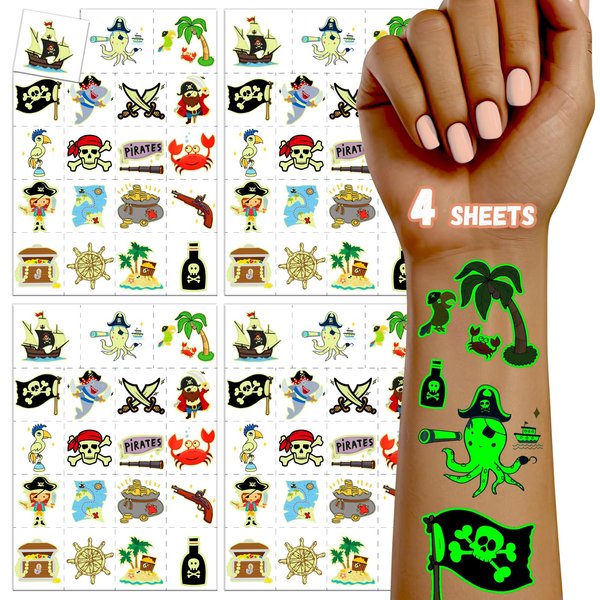 TatoYard Kids Tattoos for Goodie Bags Stuffers, Glows Temporary Tattoos Stickers for Kids Party Favors, Birthday/Toys/Games for Party Supplies Decorations (Pirate)