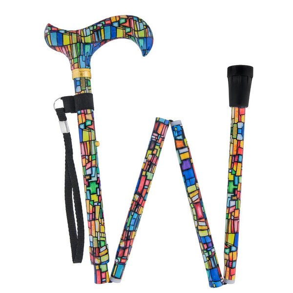 Mosaic Stained Window Folding Adjustable Derby Walking Cane with Engraved Collar