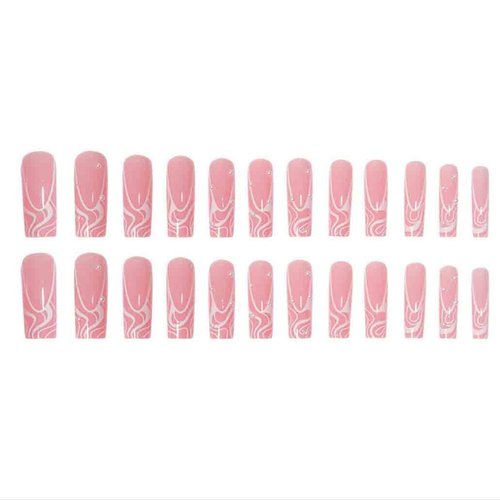 Foccna Square Press on Nails Long, Pearl Pink Fake Nails Acrylic False Nails,Artificial Nails for Women and Girls 24 pcs 