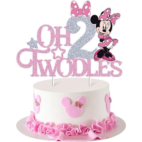 Mouse Oh Twodles Cake Topper for Girls, Pink Glitter Mouse Second 2nd Birthday Cake Topper with Pink Bows for Girls Birthday Party Decorations Supplies(Double-sided), Silver&pink (Silver&pink)