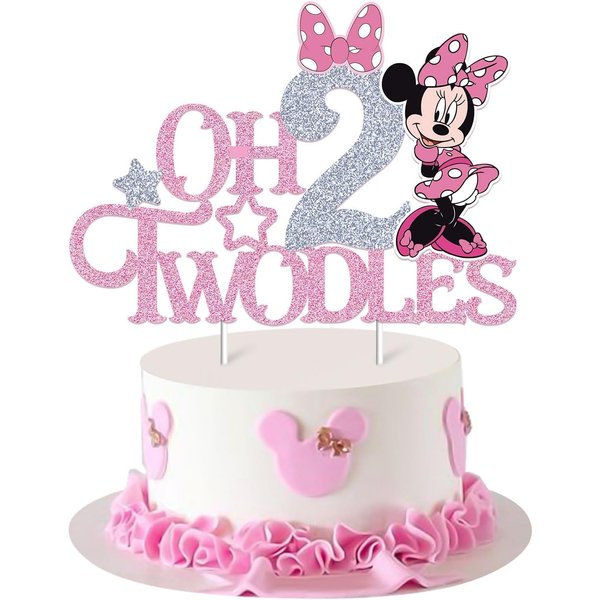 Mouse Oh Twodles Cake Topper for Girls, Pink Glitter Mouse Second 2nd Birthday Cake Topper with Pink Bows for Girls Birthday Party Decorations Supplies(Double-sided), Silver&pink (Silver&pink)