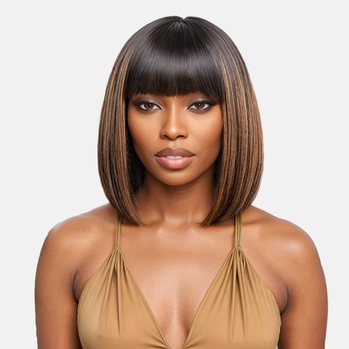 BAOHUKE 10 Inch Highlight Brown Bob Wig With Bangs Human Hair Yaki Straight Human Hair Wigs Gluel...