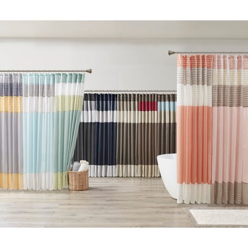 Madison Park Amherst Bathroom Shower Curtain Faux Silk Pieced Striped Modern Microfiber Bath Curtains, 72x72" Inches, Blue