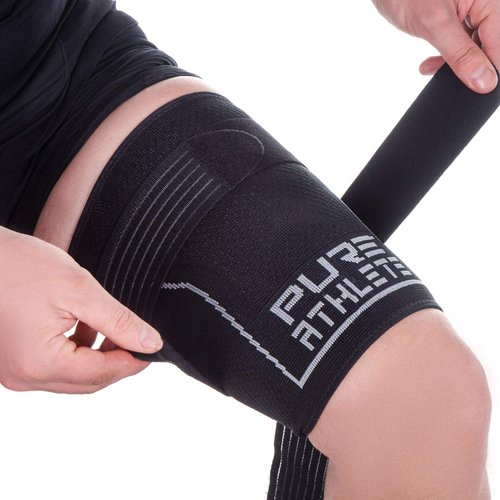 Pure Athlete Thigh Compression Sleeve – Adjustable Straps Quad Wrap Support Brace, Hamstring Upper Leg (1 Sleeve - Black, Medium)