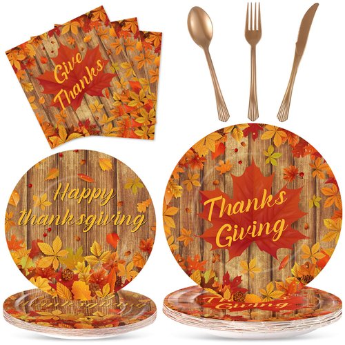 Yaomiao 150 Pcs Thanksgiving Party Supplies Fall Maple Leaf Paper Plates and Napkins Disposable Birthday Party Tableware Serve 25 Guest for Autumn Harvest Festival Holiday Party Table Decorations