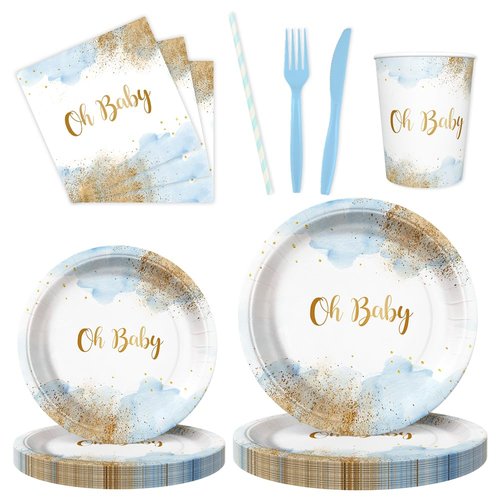 AIBIIN 112 PCS Baby Shower Party Plates Decorations for Boy Blue Watercolor Pastel Party Supplies Disposable Dinnerware Oh Baby Newborn Baby Shower Paper Plates Napkins Cups Serves 16 Guests