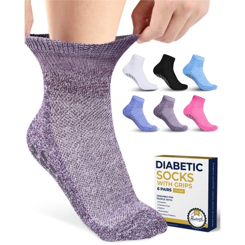 Pembrook Diabetic Ankle Socks for Men & Women with Grips | 6 Pairs Quarter Length Wide Non Binding Diabetic Socks for Men Non Slip | Edema, Neuropathy Socks for Women & Men | Loose Socks