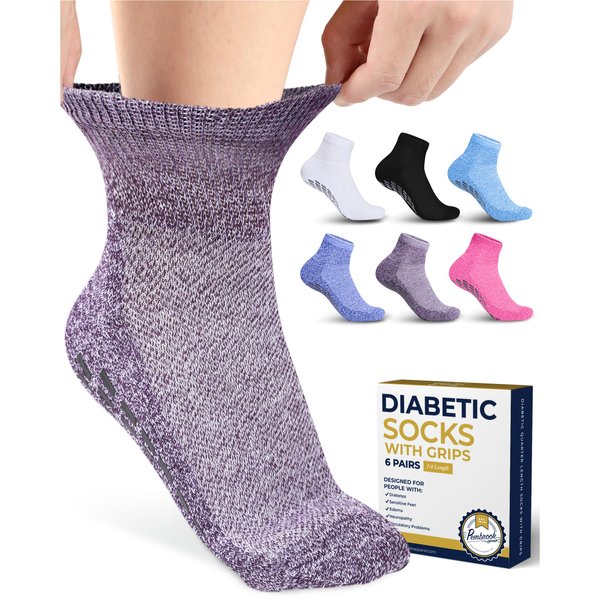 Pembrook Diabetic Ankle Socks for Men & Women with Grips | 6 Pairs Quarter Length Wide Non Binding Diabetic Socks for Men Non Slip | Edema, Neuropathy Socks for Women & Men | Loose Socks