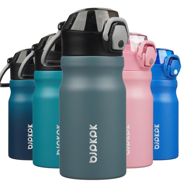 BJPKPK Insulated Water Bottle 14oz Stainless Steel Water Bottles With Straw And Carry Handle Double Wall Metal Thermos,Dark Grey