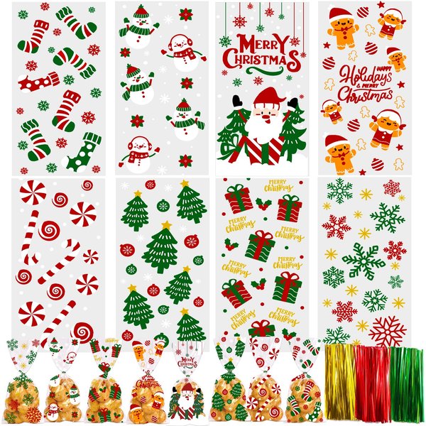 YUJUN 160 PCS Christmas Cellophane Treat Bags,Santa Claus Gift Goodie Candy Xmas Clear Cello Bags Twist Ties for Winter Christmas Theme Party Favor Supplies(8 Styles)