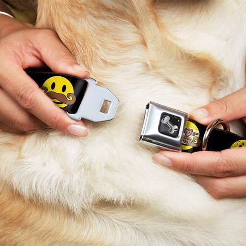 Dog Collar Seatbelt Buckle Mustache Happy Face Black Yellow Brown 11 to 17 Inches 1.0 Inch Wide
