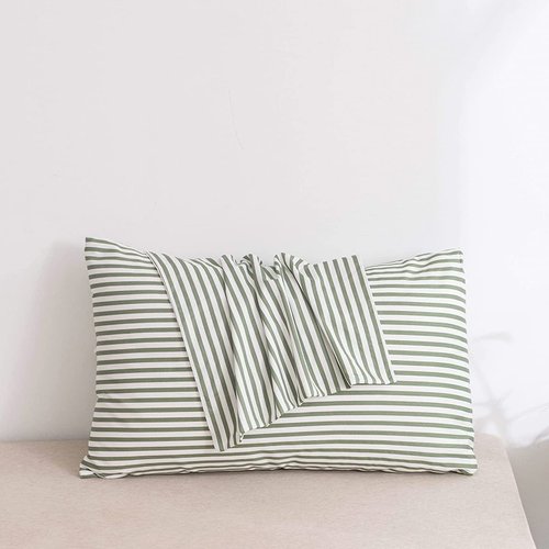 JELLYMONI 100% Natural Cotton Striped King Pillowcases Set, 2 Pack White and Green Stripes Pattern Printed Pillow Covers with Envelope Closure(Pillows are not Included)