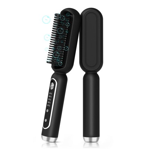 2024 Upgraded Hair Straightener Brush - Professional Ionic Hair Straightener Comb for Women, Hair Care & Ease Frizz, Anti-Scald, 5 Temp Settings for Home,Travel & Salon (Black)