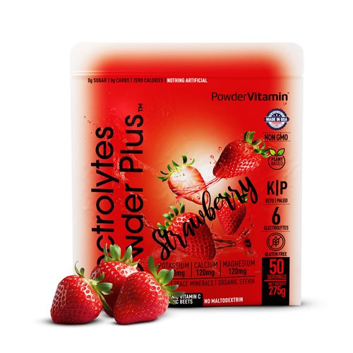 PowderVitamin Electrolytes Powder Plus Keto, Strawberry (50 Servings) 0 Sugar, No Maltodextrin,1000mg Potassium,120mg Calcium,120mg Magnesium,Organic Vitamin C,Zero Calories, Energy Hydration Powder