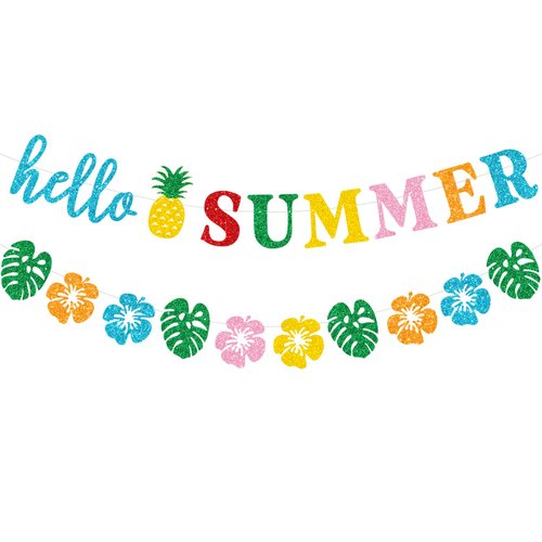 PTFNY Glittery Hello Summer Banner Hawaiian Luau Tropical Themed Banner Colorful Summer Bunting Banner Garland Summer Holiday Birthday Hawaiian Party Decorations for Home Office Indoor Outdoor Wall