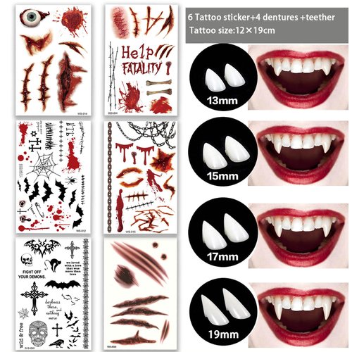 4Pairs Vampire Teeth+6 Sheets Oversized Fake Tattoos,Halloween Vampire Cosplay set Vampire Fangs Bloody Wound Temporary Tattoo for Women Men Kids Halloween Party Cosplay