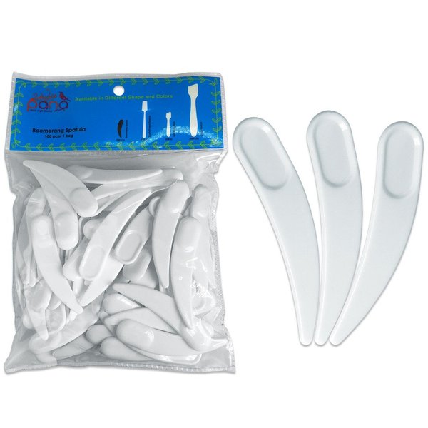 PANA Curved Boomerang Disposable Plastic Cosmetic Spatula for Mixing and Sampling Makeup, Skincare, Creams, Lotions, and Masks (White, 1 Pack)