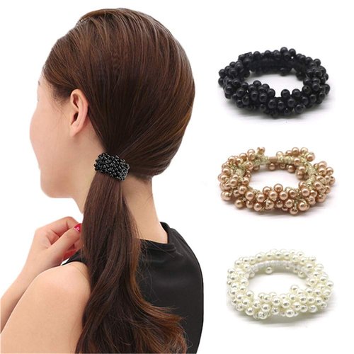 Xiwstar 3Pcs Elastic Pearls Hair Scrunchies Women Girls Beaded Bracelet Hair Ties Bands Ropes Ponytail Holder