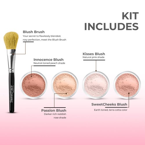 5pc BLUSH SET with BRUSH Mineral Makeup Kit Bare Face Powder Rouge Highlight (Sample Size Blush Set)