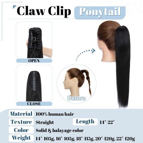 SEGO Claw Clip Ponytail Extension Human Hair Clip in Ponytail Hair Extensions Real Human Hair Pony Tails Hair Extensions Long Straight For Women 14 Inch Jet Black 105 Gram